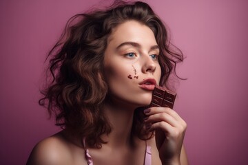 Portrait of a happy pretty young woman kissing chocolate on a pink background. Ai generative.