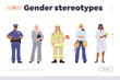 Gender stereotype concept for landing page design template with women characters of male professions