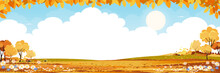Autumn Fields Landscape With Mountain,blue Sky,cloud With Copy Space,Panorama Fall Rural Nature With Range Foliage,Cartoon Vector Illustration Banner For Thanksgiving Or Mid Autumn Festival Background