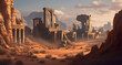 desert landscape with ancient lost city ruins with huge gate , background, generative ai	
