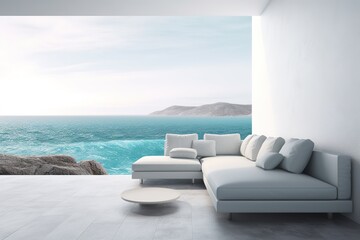 Wall Mural - a living area that has a view of the ocean and a white sofa Generative AI