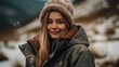 © Neural Pixels - Beautiful woman smiling in warm jacket in snowy mountains. Generative AI