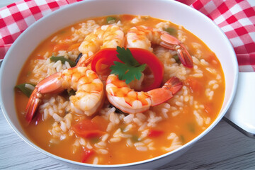 Authentic Portuguese Culinary Experience. Savor the taste of Portugal with a traditional dish of Arroz de Marisco, elegantly served in a platter. Rice with seafood. AI Generative.