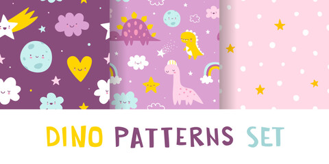 Wall Mural - cute pattern set with sleeping dino in the sky. seamless print collection with cute dinosaurs for ba