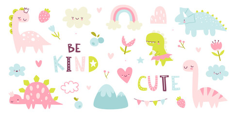 Wall Mural - cute girly dino set. naive pink dinosaurs collection for baby girls. abstract vector dino girls stic
