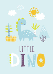 Wall Mural - cute dino print with text. blue poster with abstract little dinosaur and plants. scandinavian print 