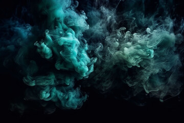 Wall Mural - Thick colorful smoke of blue and green on a black isolated background. Background from the smoke of vape