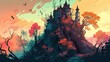Fantasy Awakening: A Magical Castle atop a Hilltop Forest in Stunningly Colourful Pop-Art Surrealism. Generative AI