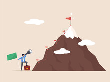 Career Success Concept. Male Characters In Front Of Growth Direction As Mountain Climbing. Reach Top Of Plan Goal. Flat Cartoon Vector Illustration