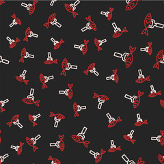 Sticker - Line Dried fish icon isolated seamless pattern on black background. Vector