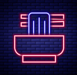 Wall Mural - Glowing neon line Asian noodles in bowl and chopsticks icon isolated on brick wall background. Street fast food. Korean, Japanese, Chinese food. Colorful outline concept. Vector