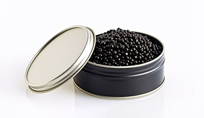 Black caviar in metal can. Generative AI.