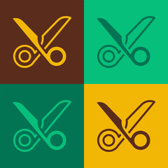 Sticker - Pop art Scissors icon isolated on color background. Cutting tool sign. Vector