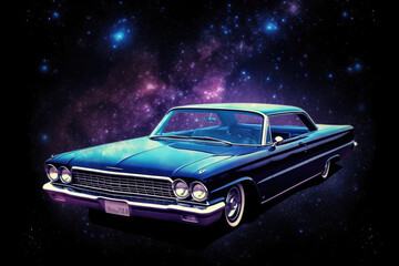 Wall Mural - futuristic retro car on galaxy and nebula background. vehicle in space for futuristic travel. creati