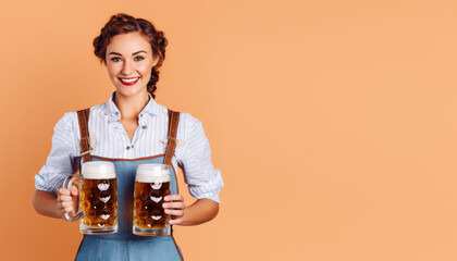 Wall Mural - Bavarian Beauty Woman tradition. Gorgeous waitress in traditional Oktoberfest attire, holding beers, isolated on pastel background with space to text. Copy space. AI Generative