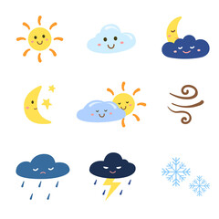 set of cartoon weather for forecast. emotional weather