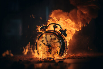 Wall Mural - Burning alarm clock on black background symbolizes urgency and approaching deadlines. Large numbers and hot particles add drama to the concept. AI Generative.