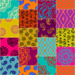 Fototapete - Textille patchwork pattern. Seamless Vector image. Bright tribal patchwork.