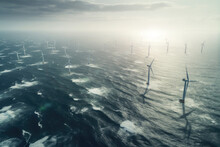 Aerial View Of Wind Turbines In The Ocean. Composite With Different Elements Made With Generative AI