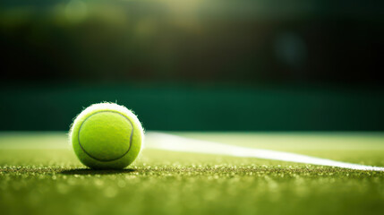 Tennis ball on tennis grass court with soft focus. Tennis tournament concept wallpaper background. Generative AI