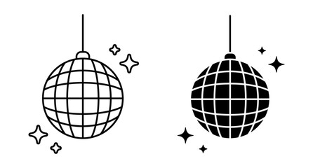 Disco ball vector icons set. Disco ball shining stars symbol. Line disco ball graphic design template logo