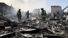 Firefighters Put Out A Fire In A Burned-out House. The Rescue Service Is Looking For People After Natural Disasters. Debris Clearing. Destruction Of Additions And Structures.  Generated AI