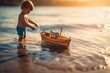 © Road Red Runner - A young adventurer explores the vast ocean with their wooden sailboat on the beach. Ai generated.