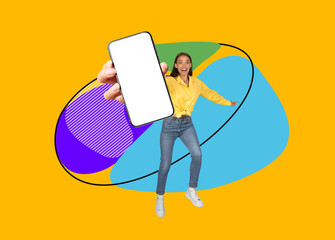 Poster - Excited Young Woman Jumping With Big Blank Smartphone In Hand, Collage