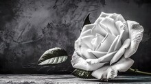 Single White Rose Lies On Floor In Front Of Dark Grey Concrete Wall. Condolence Card. Copy Space For Emotional, Sentimental Text Or Quote. Generative AI