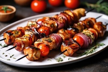 chicken and beef skewers - grilled meat with fresh vegetables on wooden background. Generated by AI