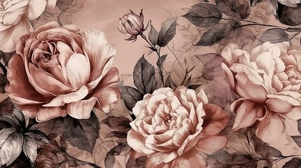 peonies mural art, wallpaper background watercolor illustration. Generative AI