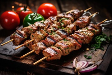 Wall Mural - chicken and beef skewers - grilled meat with fresh vegetables on wooden background. Generated by AI