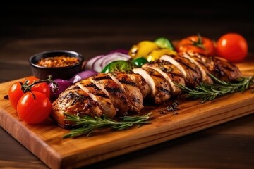 chicken and beef skewers - grilled meat with fresh vegetables on wooden background. Generated by AI