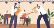 Musician Characters Improvise And Interact On Stage Playing Syncopated Soul Music on Saxophone, Piano, Guitar and Horn