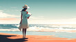 © jr-art - illustration of a young pretty woman standing on the beach with a book. Generative AI