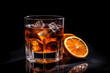Whiskey in a clear glass shot . A portion of alcohol on a black background. Classic Whiskey with ice cubes and a slice of orange.  Generative AI professional photo imitation.