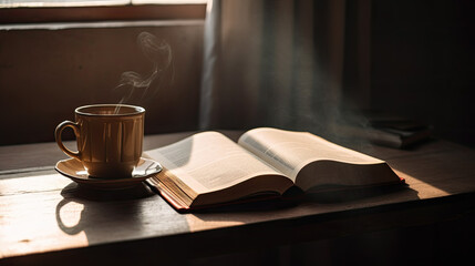 a cup of coffee and a book on a wooden table in front of a window through which light. Generative AI
