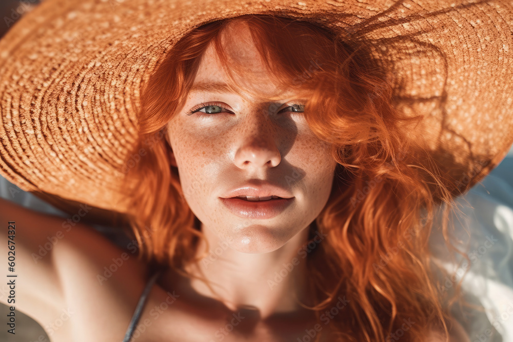 Beach Sun-Kissed Beauty. Stunning Ginger sexy woman with straw hat