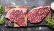 Raw steak on a slate. Two raw steaks on a dark shale background. Slice of meat with salt, pepper and herbs (Generative AI)