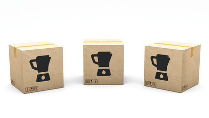 Wall Mural - Kraft box stamped with an icon of a product: juicer. Cardboard package made in 3D and rendered in 3 different angles: front, left side, right side. Easy clipping.