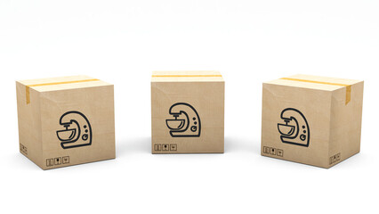 Wall Mural - Kraft box stamped with an icon of a product: mixer. Cardboard package made in 3D and rendered in 3 different angles: front, left side, right side. Easy clipping.