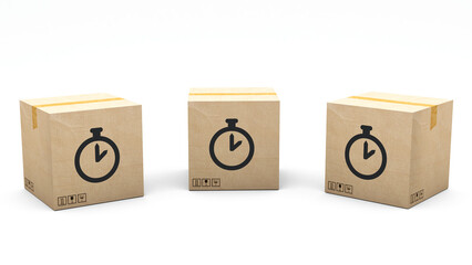 Wall Mural - Kraft box stamped with an icon: clock. Cardboard package made in 3D and rendered in 3 different angles: front, left side, right side. Easy clipping.