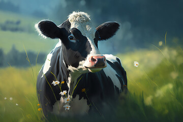 Cow grazing on a green summer meadow. Cow graze on field. Cow farm. Generative AI.