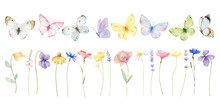 Watercolor Set Of Meadow Flowers And Colorful Butterflies.  Perfect For The Creation Of Printed Products, Party Invitation, Wedding, Wallpaper, Textiles, Digital Scrapbooking, Greeting Cards.