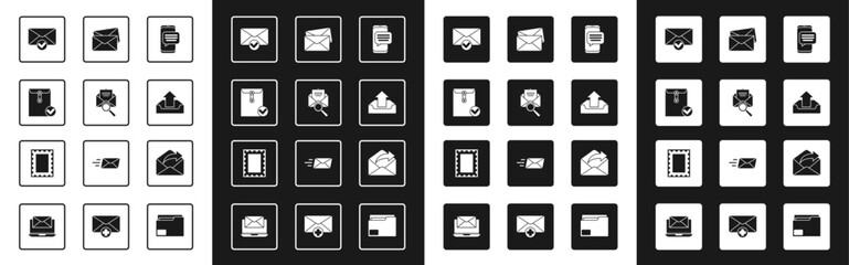 Poster - Set Chat messages notification on phone, Envelope with magnifying glass, and check mark, Upload inbox, Outgoing mail and Postal stamp icon. Vector