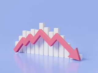 Bar chart with arrow down graph. Bankruptcy investment crash, graph chart down, financial recession crisis, decrease, drop, business down. Business finance crisis concept. 3d rendering illustration