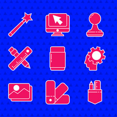 Poster - Set Eraser or rubber, Color palette guide, Crossed ruler and pencil, Human head with gear inside, Picture landscape, Stamp and Magic wand icon. Vector
