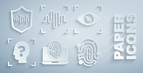 Poster - set laptop with fingerprint, eye scan, face recognition, fingerprint, voice and shield voice icon. v