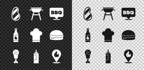 Sticker - Set Steak meat, Barbecue grill, Chicken leg, Sauce bottle, Location with fire flame, Tabasco sauce and Chef hat icon. Vector