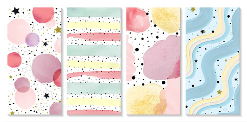 Set of vector watercolor abstract backgrounds in pastel colors with hand drawn bubbles, bands and stars. Vector illustration for prints, wall art and invitation card, banner or flyer template.